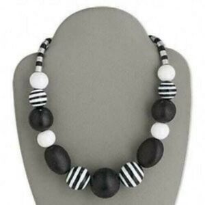 Handcrafted Chunky Black White Striped Wood Beads Choker Necklace